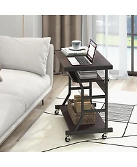 Skonyon Mobile Computer Desk with Keyboard Tray Mouse Tray and Shelf-Dark Brown