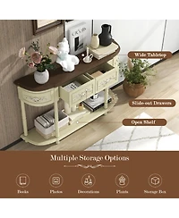 Retro Curved Console Table with Drawers and Solid Wood Legs-Beige