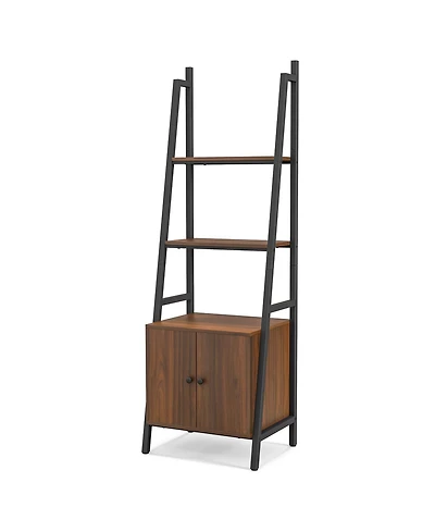 4-Tier Ladder Shelf with Cabinet and Metal Frame-Rustic Brown