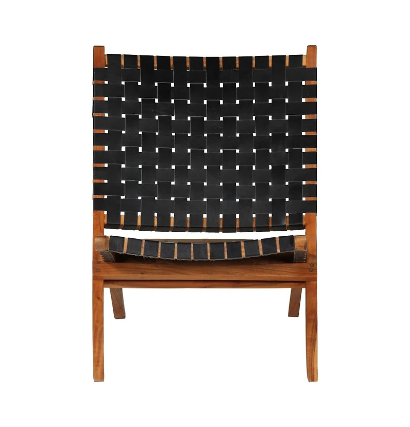 Folding Chair Crossed-Stripe Black Real Leather