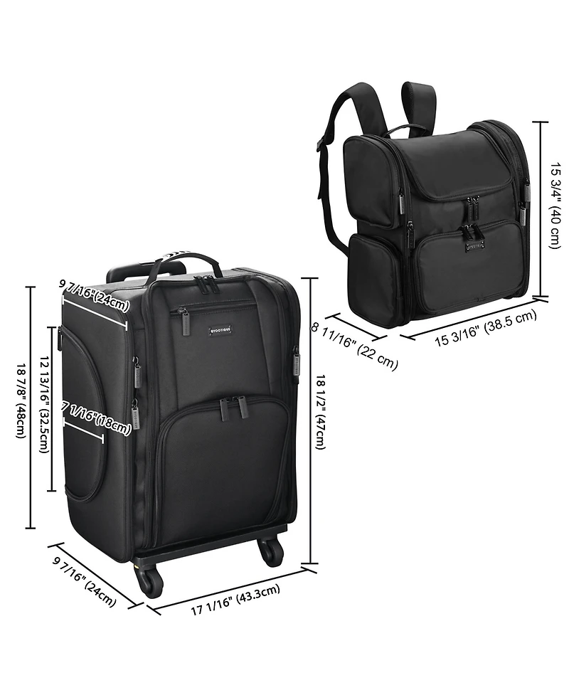 Byootique Rolling Makeup Train Case & Backpack Kit w/ 7 Toiletry Bags Artist