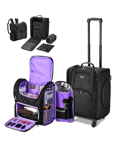 Byootique Rolling Makeup Train Case & Backpack Kit w/ 7 Toiletry Bags Artist