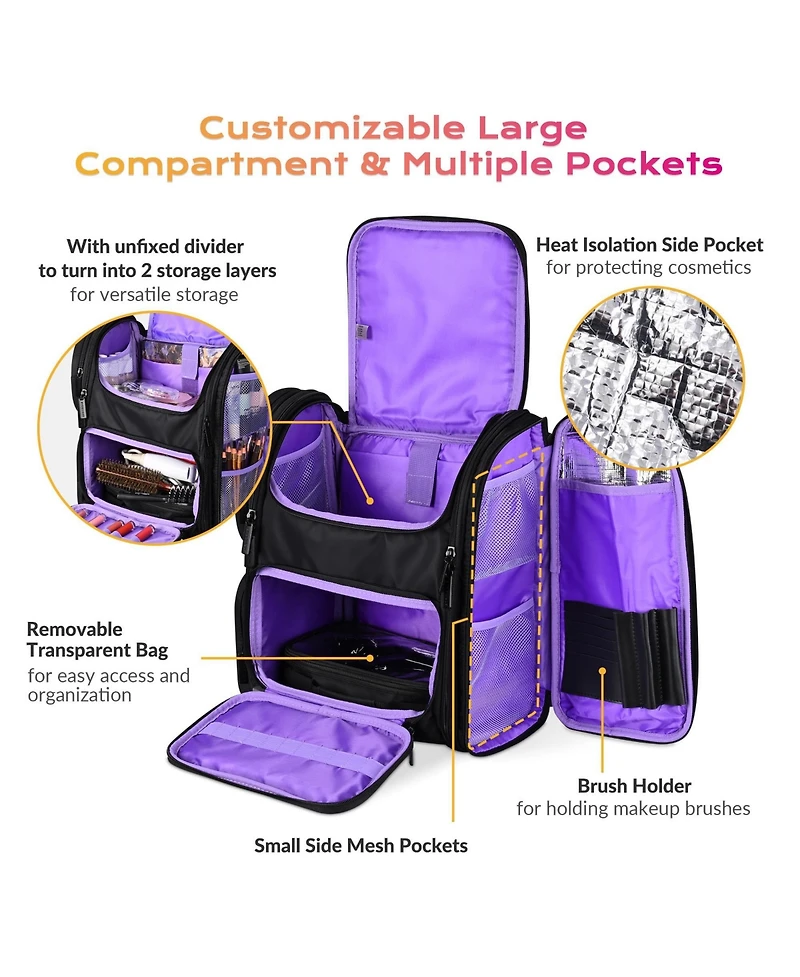 Byootique Portable Soft Sided Makeup Backpack Travel Barber Cosmetic Storage Organizer Travel with Removable Pouch for Makeup Artist Hairstylist, Purp