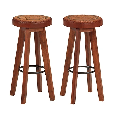 Bar Stools 2 pcs Real Leather and Solid Wood Acacia