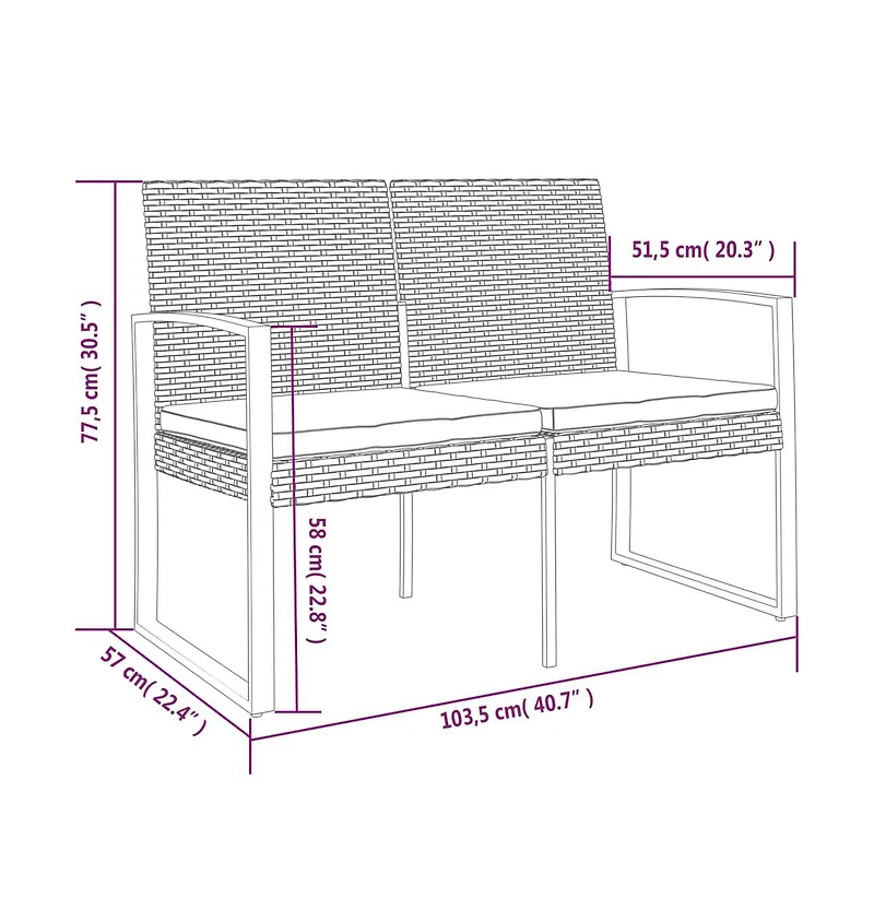 vidaXL 2-Seater Patio Bench with Cushions Brown Pp Rattan