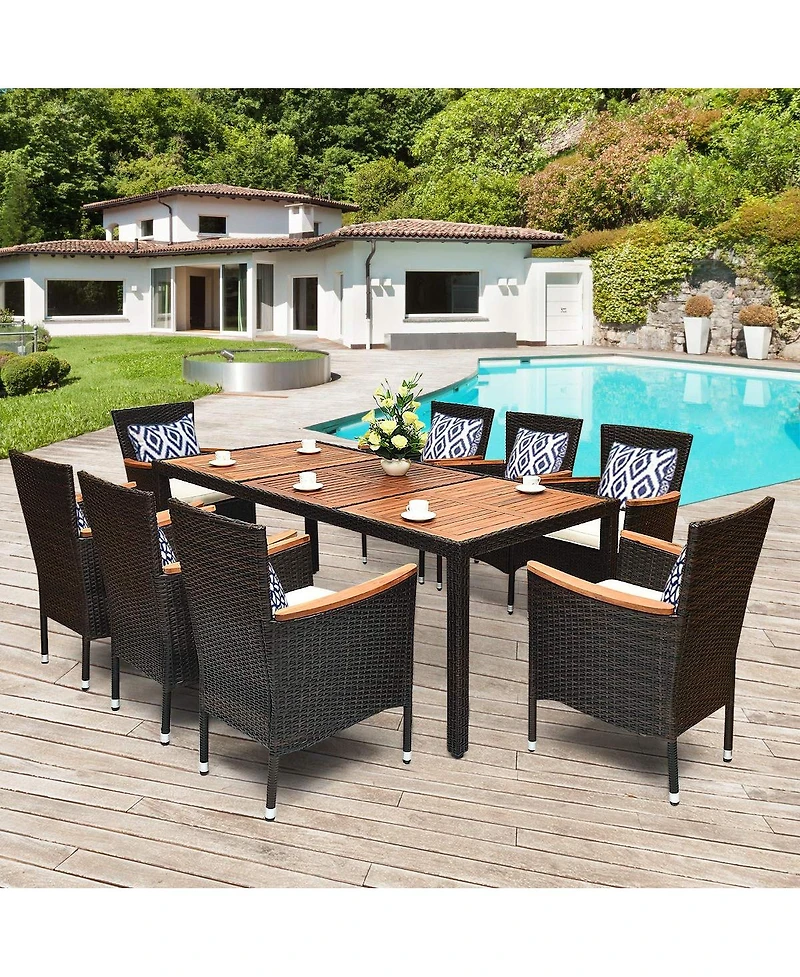 Sugift 9 Pieces Rattan Dining Set with Acacia Wood Table and Stackable Cushioned Chairs