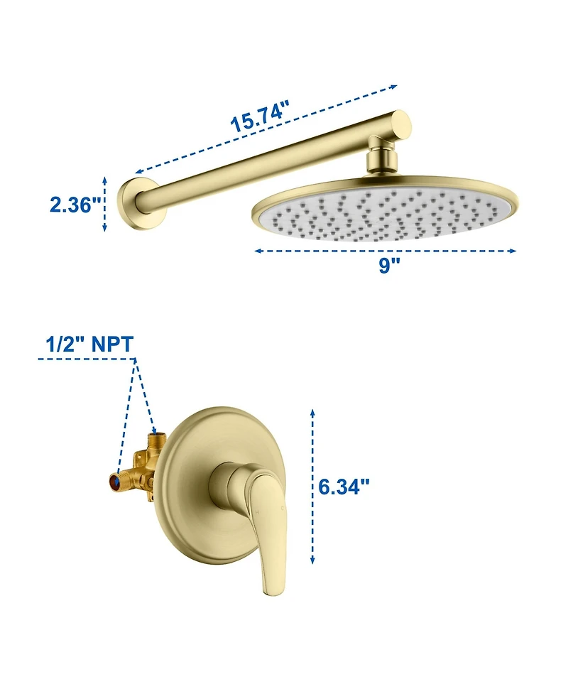Boyel Living 1-Spray Patterns with 3.4 Gpm 9 in. Wall Mount Rain Fixed Shower Head with Single Handle and Valve
