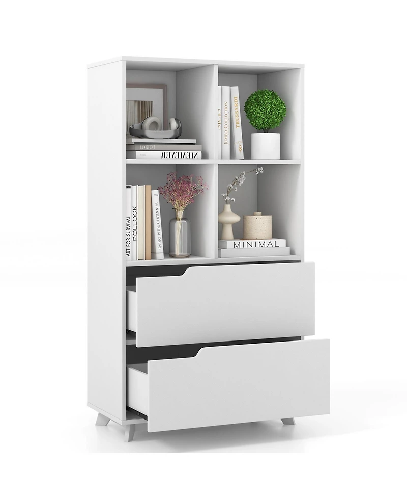 Sugift 4-Tier Open Bookcase with 2 Drawers and 4 Storage Cubes-White