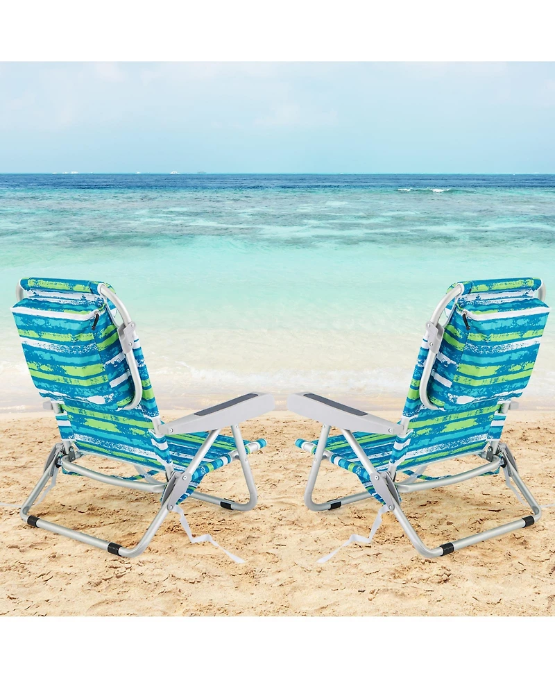Foldable Backpack Beach Chair with Cup Holder and Storage Pockets for Outdoor-Blue and Green