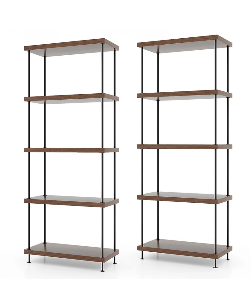 Gymax 2PCS 5-Tier Multipurpose Display Rack Freestanding Bookshelf w/ Metal Frame Walnut
