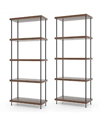 Gymax 2PCS 5-Tier Multipurpose Display Rack Freestanding Bookshelf w/ Metal Frame Walnut