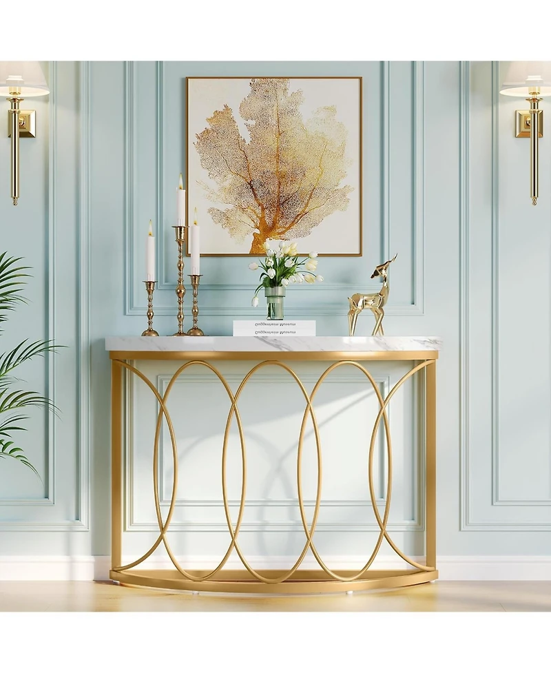 Tribesigns Half Moon Gold Console Table, 43 Inch Modern Faux Marble Entryway Table, Narrow Semi Circle Sofa Accent Table with Geometric Metal Frame fo