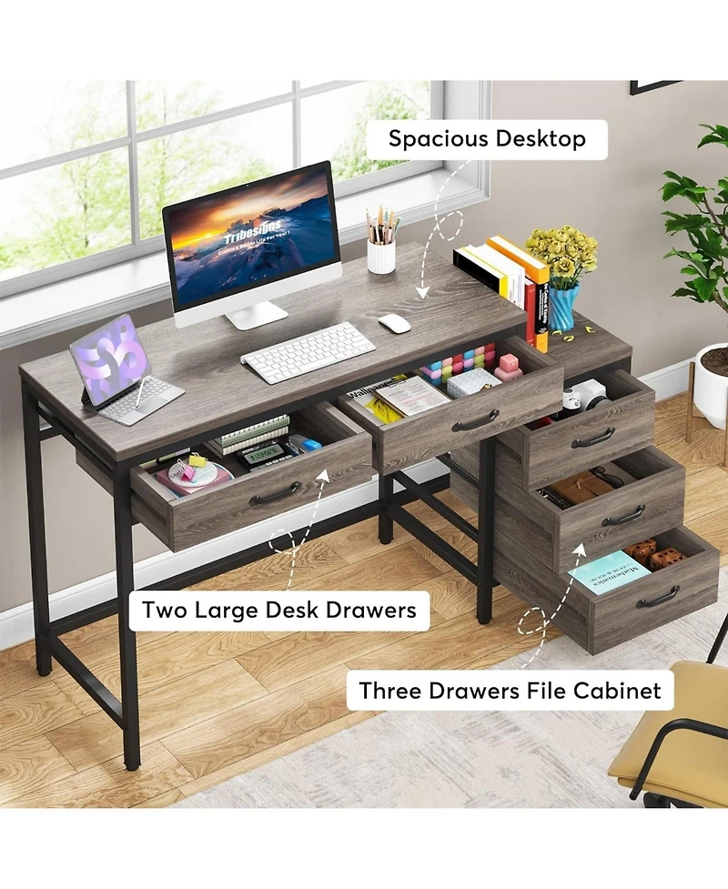 Tribesigns Computer Desk with 5 Drawers, Home Office Desks with Reversible Drawer Cabinet Printer Stand, Rustic Study Writing Table Workstation