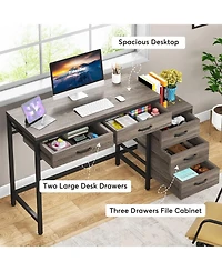 Tribesigns Computer Desk with 5 Drawers, Home Office Desks with Reversible Drawer Cabinet Printer Stand, Rustic Study Writing Table Workstation