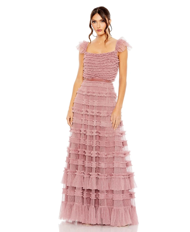 Mac Duggal Women's Ruffle Cap Sleeve Embellished Tiered Gown