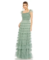 Mac Duggal Women's Ruffle Cap Sleeve Embellished Tiered Gown