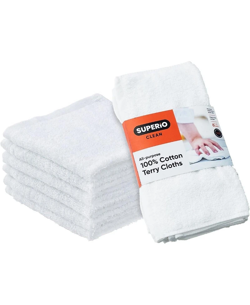 Superio 100% Cotton Cleaning Cloths 12"x12", White, 6 Pack