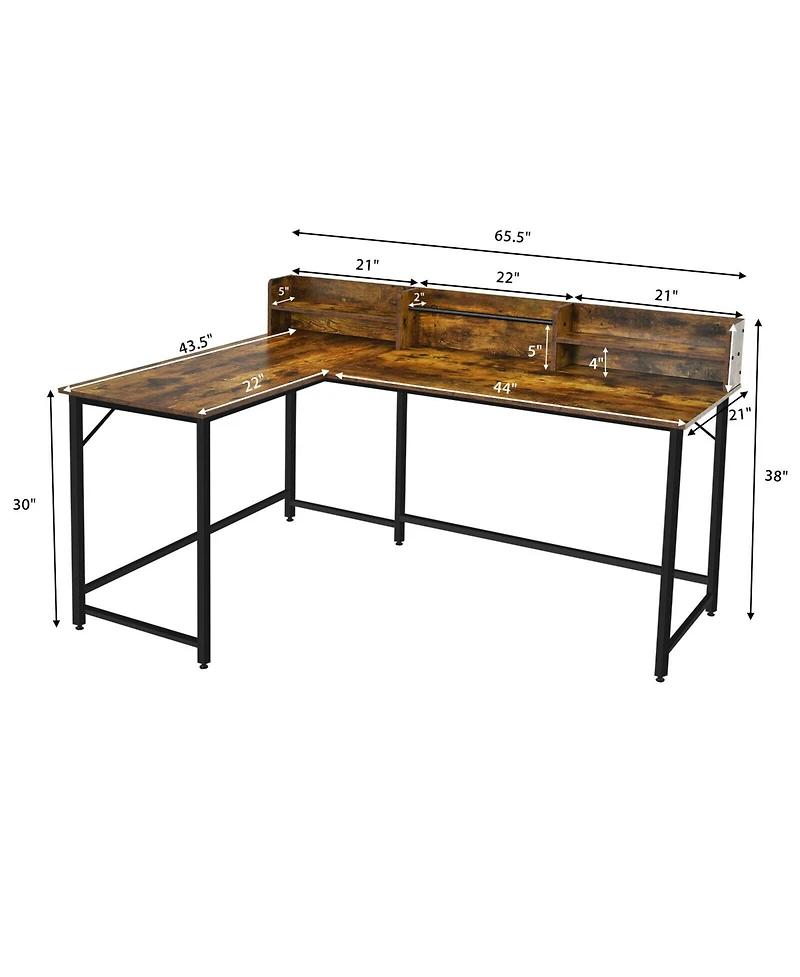 Gymax 65.5'' L-shaped Computer Desk Home Office Corner Table w/Bookshelf Rustic