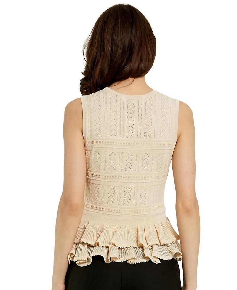 Mac Duggal Women's Sleeveless High Neck Knit Top With Ruffle Hem