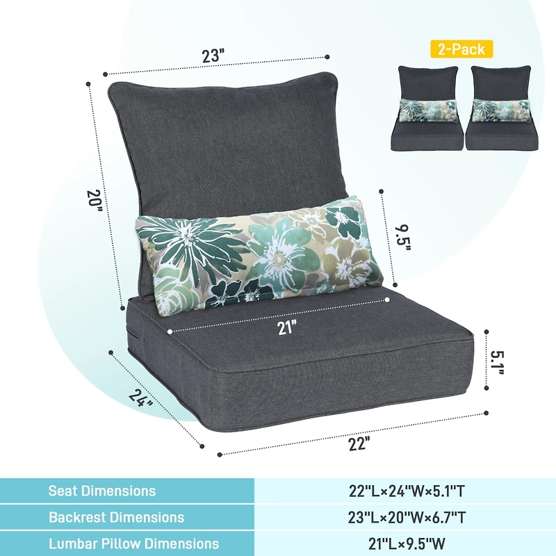 Aoodor 22'' x 24'' Outdoor Deep Seat Chair Cushion Set，Olefin Fabric Slipcover and Sponge Foam (Set of 2 Seats, 2 Backs