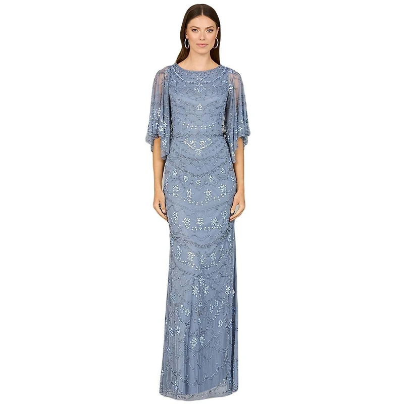 Lara Women's High Neck, Cape Sleeve Beaded Gown