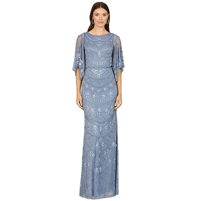 Lara Women's High Neck, Cape Sleeve Beaded Gown