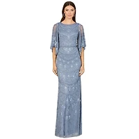 Lara Women's High Neck, Cape Sleeve Beaded Gown
