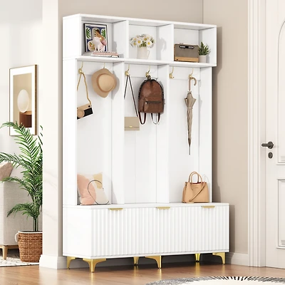 Streamdale High Gloss Fluted Storage Hall Tree with Gold Accents