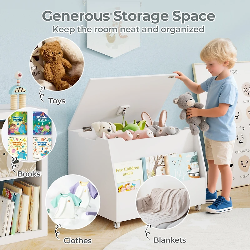 Gymax Kids Toy Box Wooden Storage Chest Bench w/ Bookshelf Wheels Safety Hinge Lid