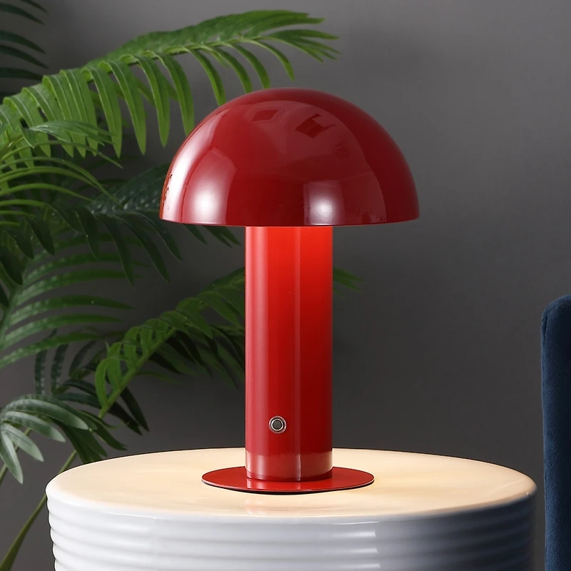 Jonathan Y Boletus 10.75" Contemporary Bohemian Rechargeable/Cordless Iron Dimmable Integrated Led Mushroom Table Lamp, Red