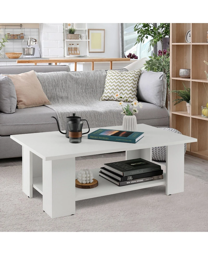 Sugift Large 36 Inch 2-tier Wooden Modern Coffee Table with Storage Shelf