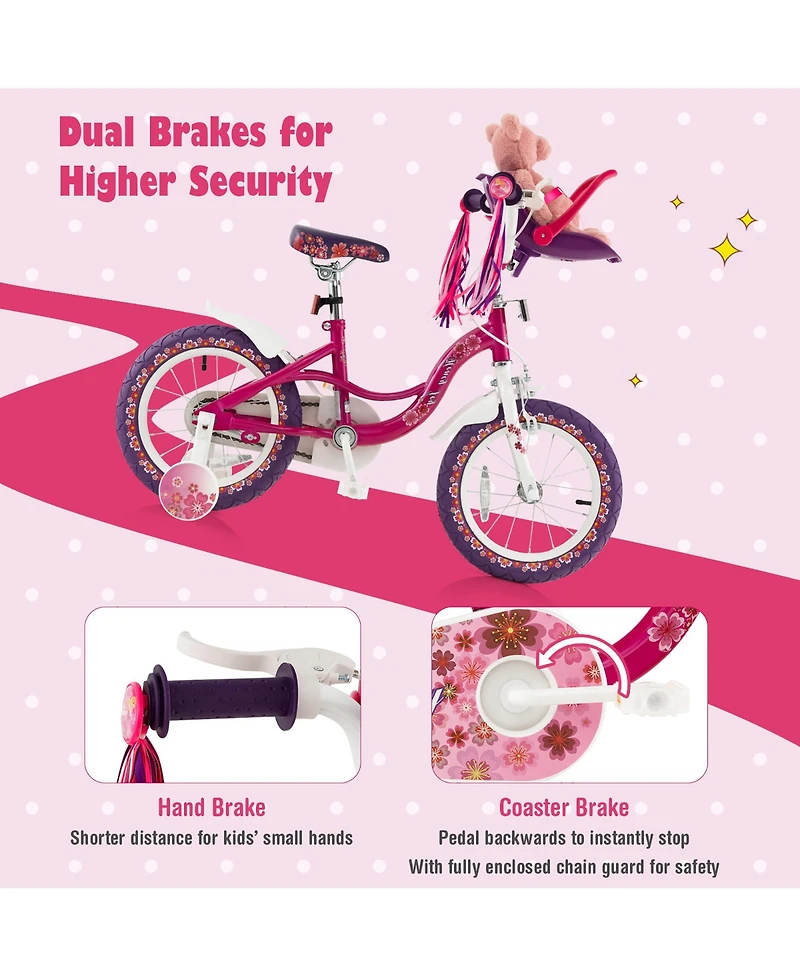 Costway 16'' Kids Bike with Doll Seat Girls Bicycle with Training Wheels for 4-7 Years Old Girl