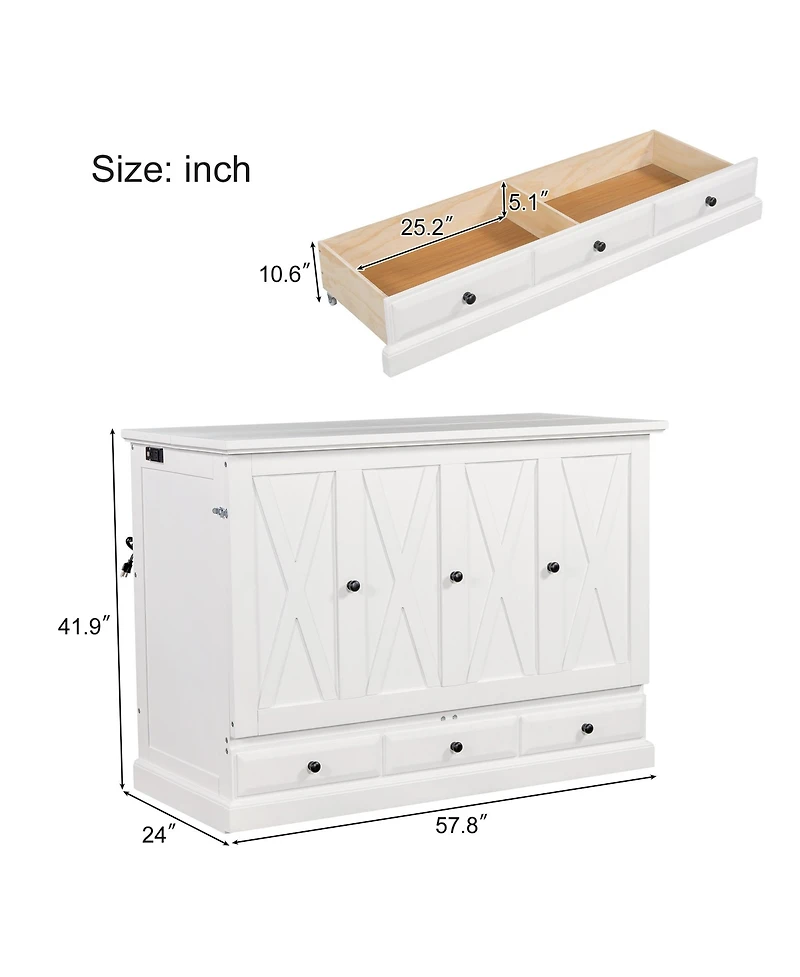 Streamdale Furniture Solid Pine Murphy Chest Bed with Charger & Storage, Full, White