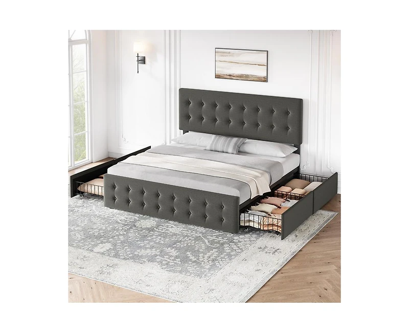 gaomon Queen Bed Frame with 4 Storage Drawers and Headboard, Velvet Upholstered Platform Wooden Slats Support, Button Tufted Desig
