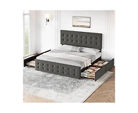 gaomon Queen Bed Frame with 4 Storage Drawers and Headboard, Velvet Upholstered Platform Wooden Slats Support, Button Tufted Desig