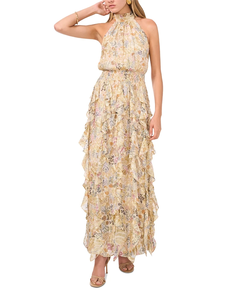 1.state Women's Floral Smocked Cascade-Ruffle Halter Maxi Dress