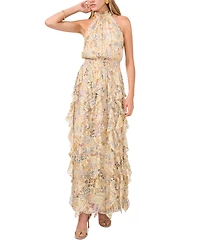 1.state Women's Floral Smocked Cascade-Ruffle Halter Maxi Dress