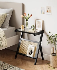 Sugift Rattan Side Table Bamboo Accent Bedside Table with Tempered Glass Top Black