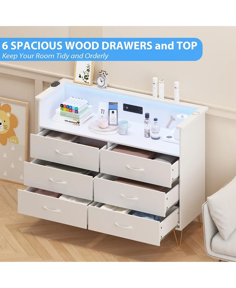gaomon Dresser for Bedroom with Led Light & Charging Station, 6 Wooden Drawers Dressers with 2-Tier Open Shelves, Modern Chest of Double Wide Drawers