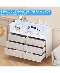 gaomon Dresser for Bedroom with Led Light & Charging Station, 6 Wooden Drawers Dressers with 2-Tier Open Shelves, Modern Chest of Double Wide Drawers