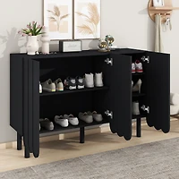 Simplie Fun Black Cream Style Minimalist Shoe Cabinet with Wave Doors