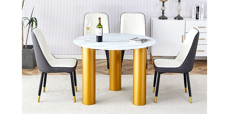 Streamdale Furniture Marble Table and Chair Set: Gold Legs, Plush Chairs