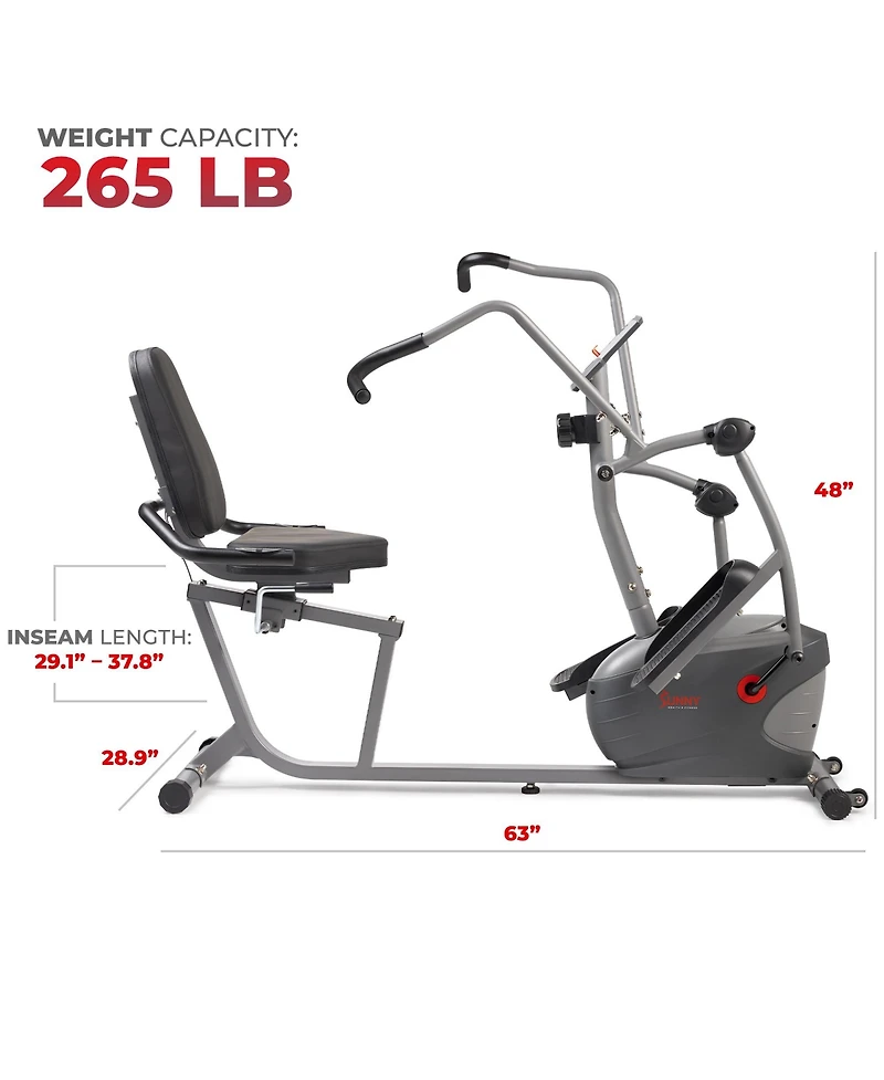 Sunny Health & Fitness Performance Recumbent Cross Trainer & Elliptical Bike with Dual Motion Arm Exercisers, SunnyFit App Enhanced Bluetooth Connecti