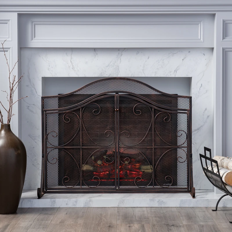 Streamdale Gary Modern 3-Panel Iron Fire Screen With Doors, Black Copper Finish