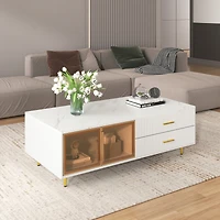 Streamdale White Coffee Table with Storage, Gold Legs, Led Lighting (47.2")