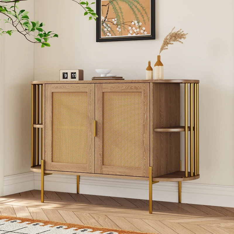 Streamdale Elegant Curved Dining Cabinet with Woven Rattan Doors (Black)