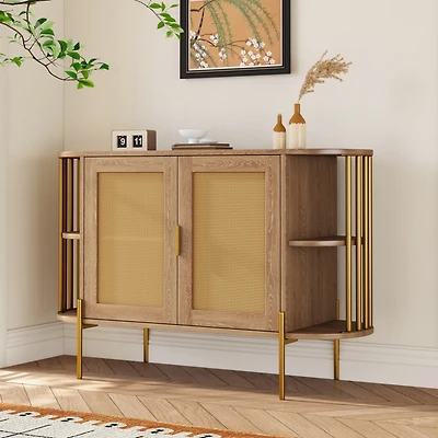 Streamdale Elegant Curved Dining Cabinet with Woven Rattan Doors (Black)