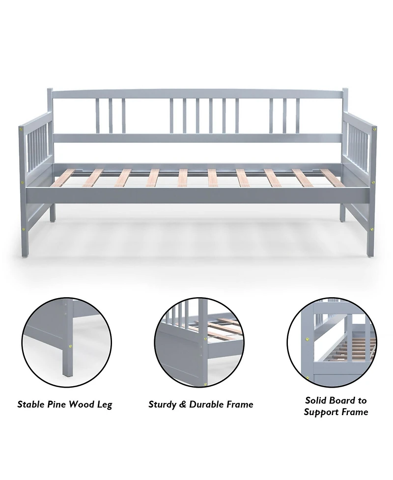 Gymax Twin Size Wooden Slats Daybed Frame Support Platform W/Rails Cherry