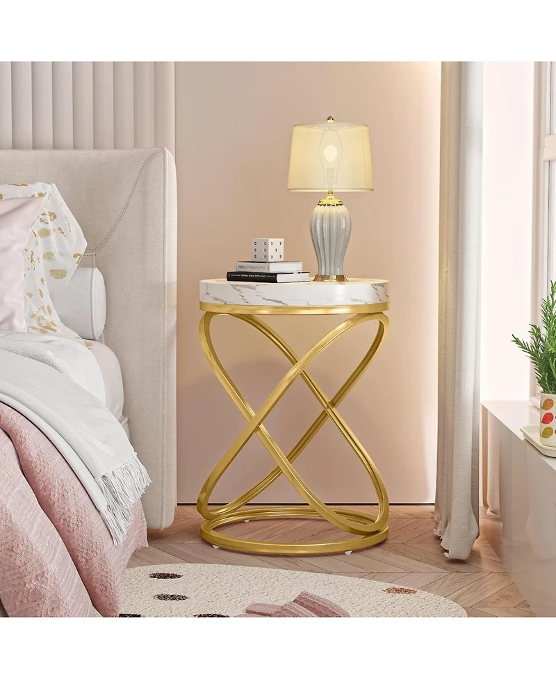 Tribesigns 26 Inches Brown and Black End Tables Living Room, Round Nightstands Sofa Side Table with Double X-Shaped Ring Unique Design for Bedroom
