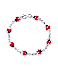 Bling Jewelry Good Luck Garden Lucky Multi Station Charms Enamel Red Ladybugs Charm Bracelet .925 Sterling Silver 7.5 Inch